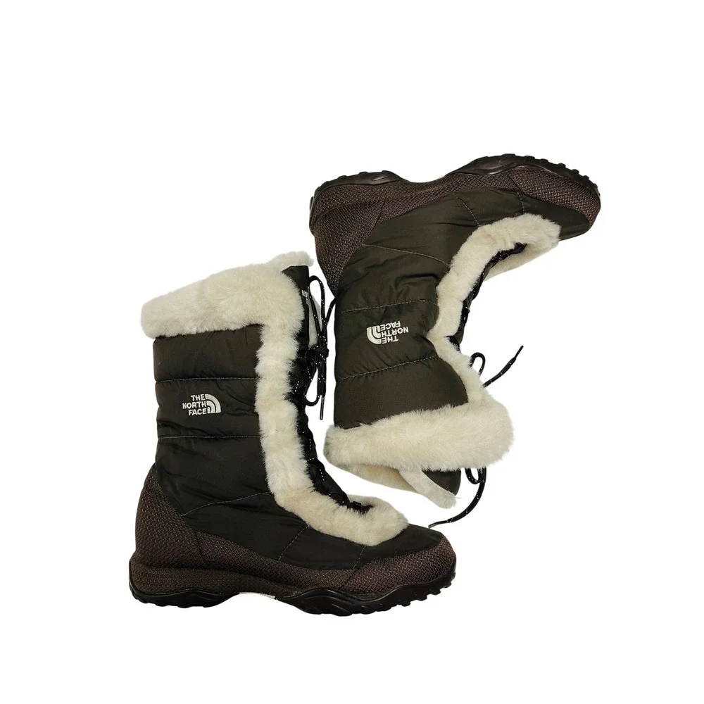 The North Face Winter Boots 8.5 Goose Down Faux Fur Trim Olive Brown Rugged Snow